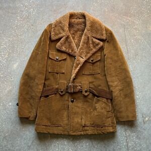 Vintage 70s Tan Corduroy Sherpa Lined Belted Winter Jacket Parka Coat Size 36